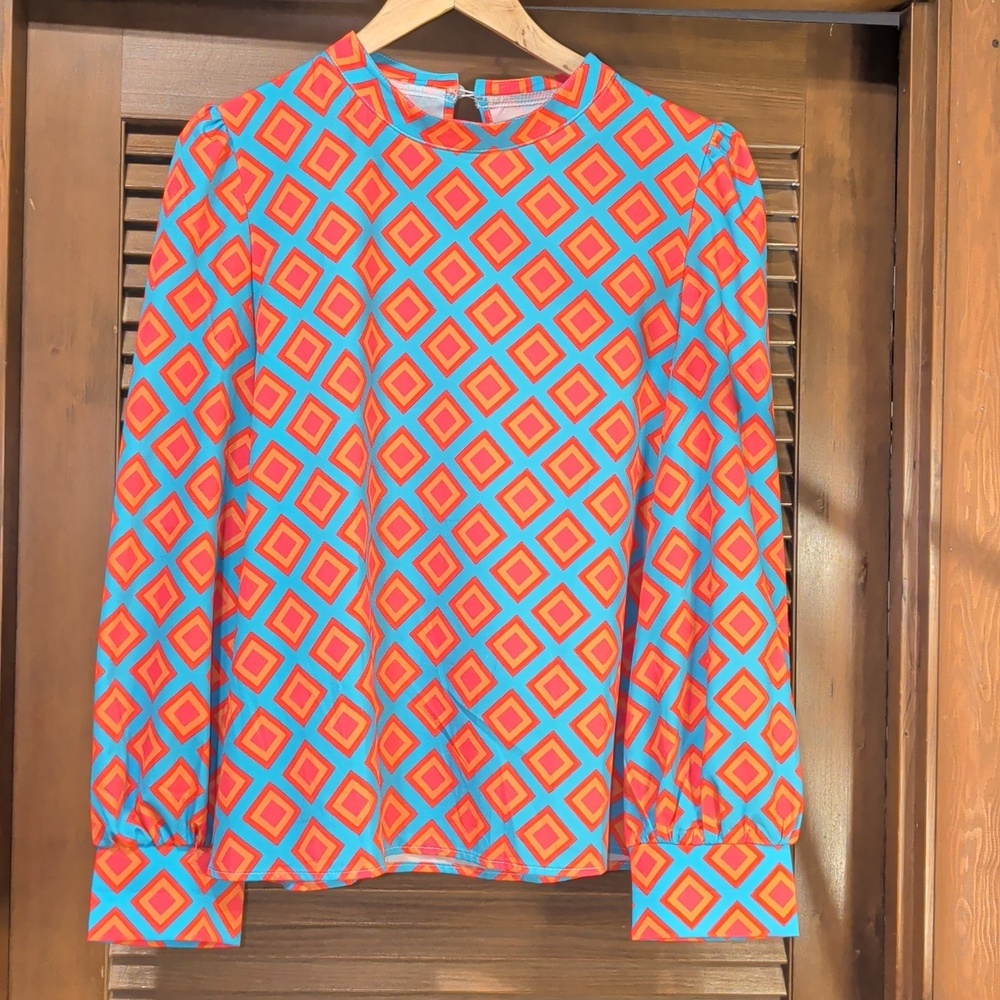 Bright Long Sleeve Geometric Orange, Pink, and Teal Blouse